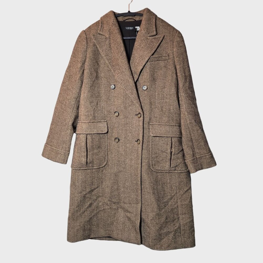 Ralph Lauren Double-Breasted Herringbone Coat 14 Tan Multi Wool Academia NWT - Picture 3 of 13